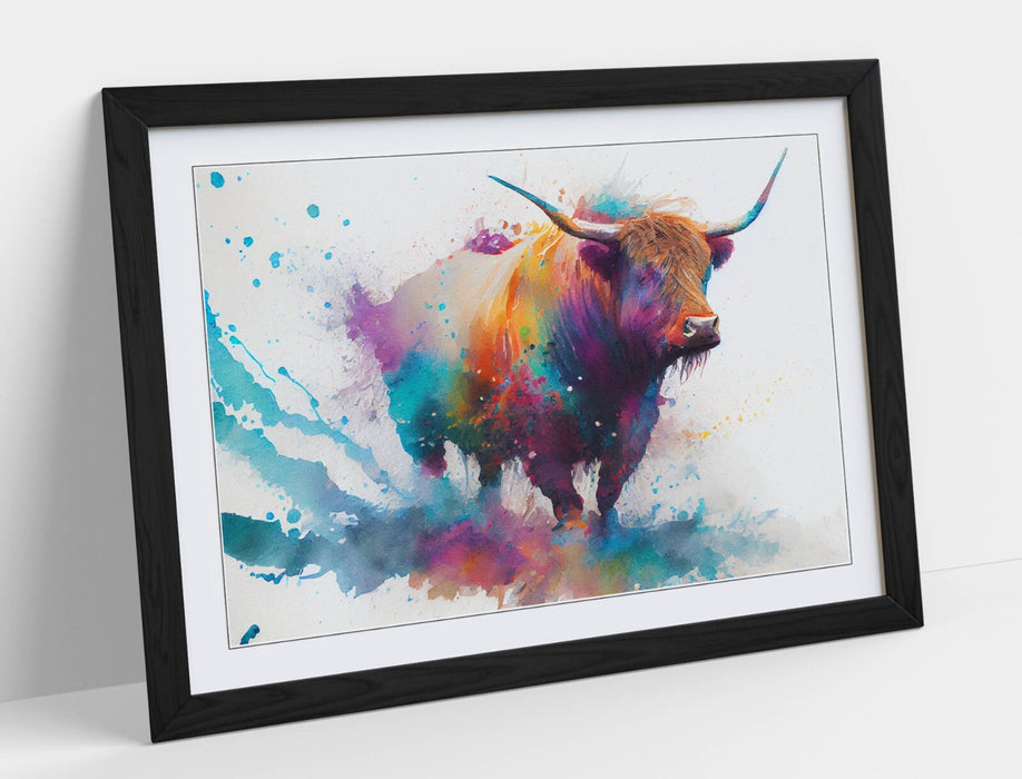 Highland Cow Wall Art – Framed Watercolour Animal Print with MDF Wood Frame