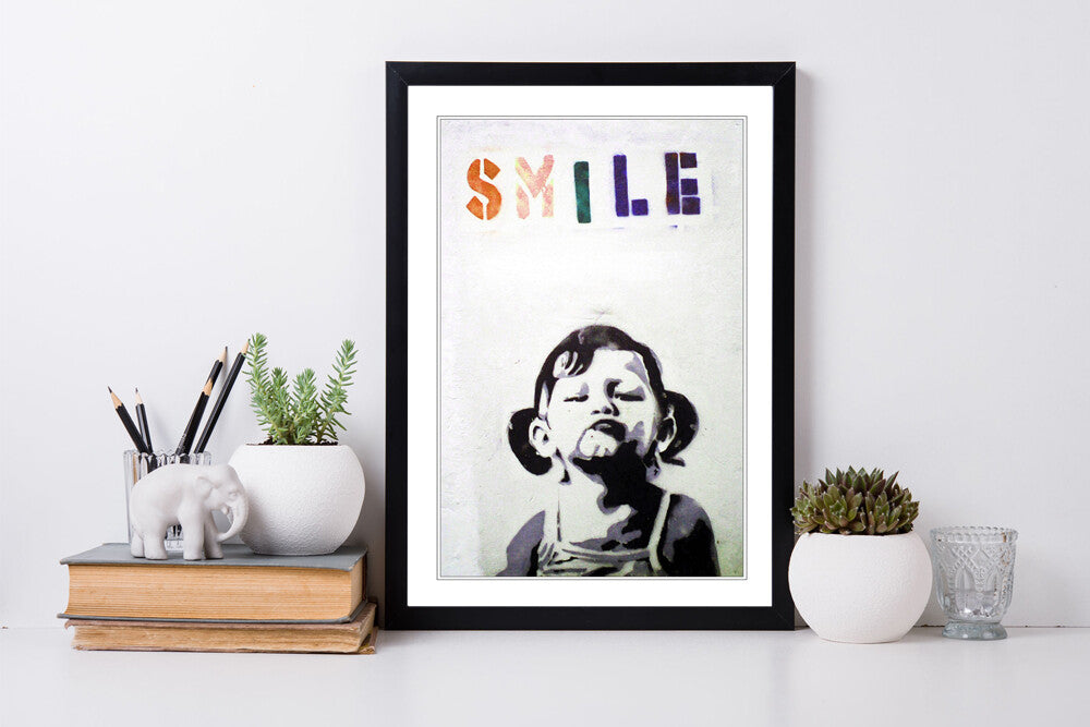 Banksy Smile Kid Poster - Framed Art Print With Woodgrain Frame Design