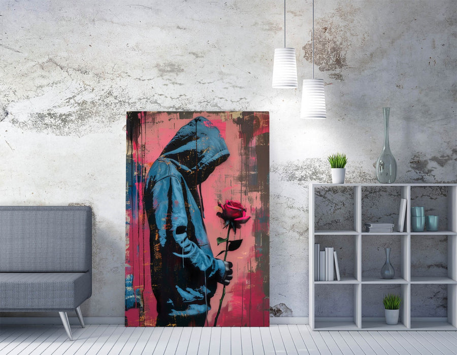 Canvas Wall Art - Pink Blue Artwork With Sad Figure & Rose Graffiti Style Print