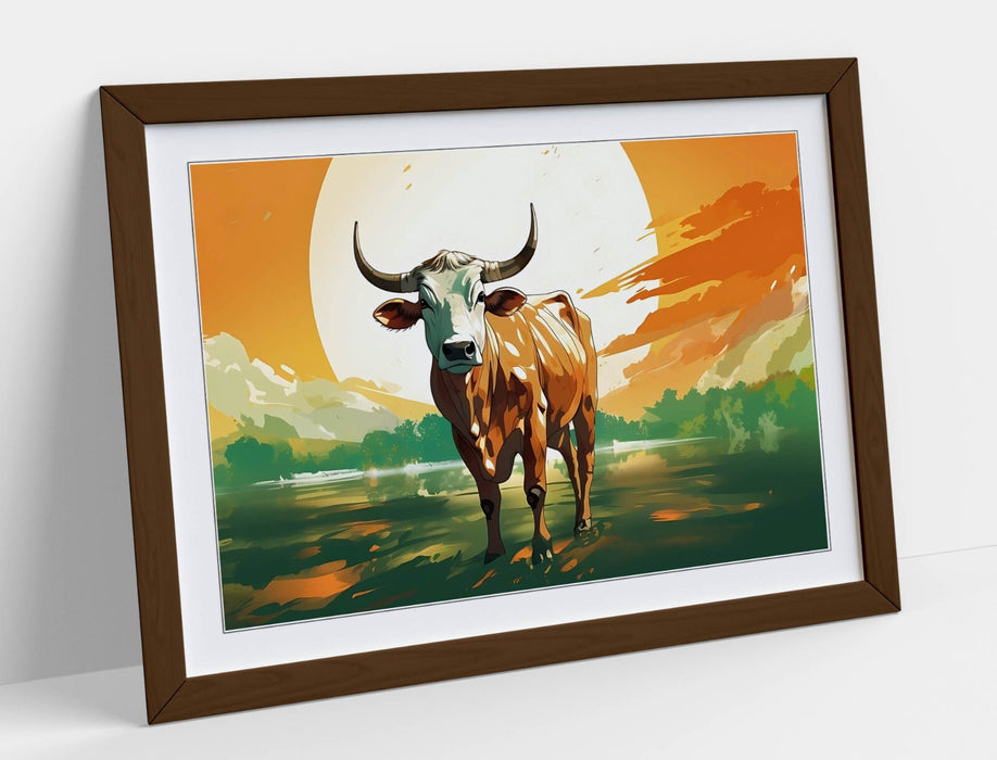 Framed Wall Art – Cow Standing In Water Orange Sunset Poster Print With Woodgrain Frame