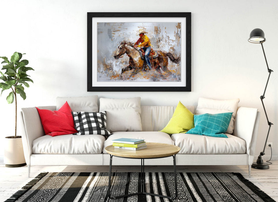 Cowboy Riding Horse Art – Framed Wall Art With Woodgrain Frame & Matte Finish Poster
