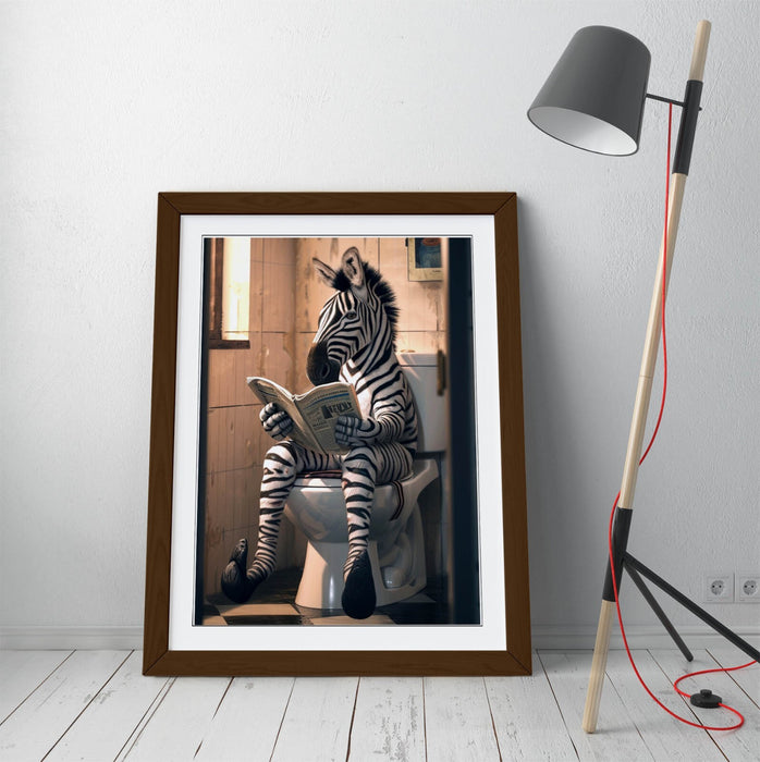 Funny Zebra Wall Art – Framed Poster Print With Woodgrain Frame Finish