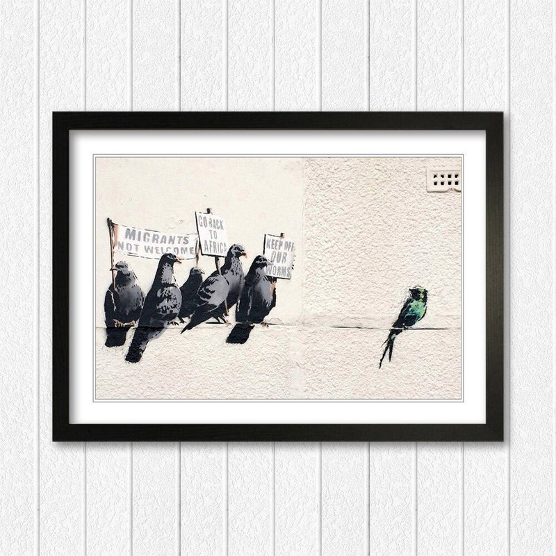 Banksy Framed Art Poster - Racist Pigeons Graffiti Wall Art in Woodgrain Faux Frame