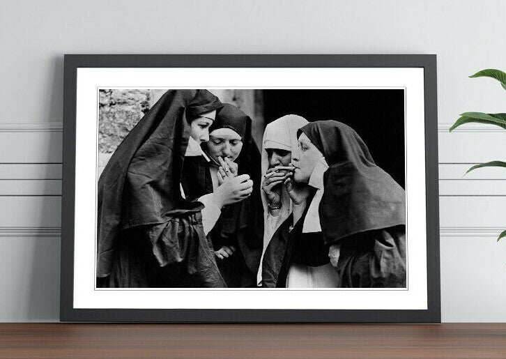 Vintage Canvas Wall Art – Nuns Smoking Artwork | Handmade Framed Canvas Print