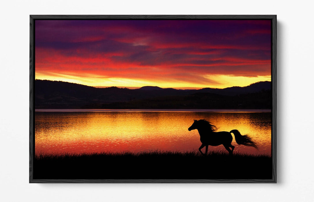Canvas Wall Art - Running Horse Silhouette Sunset Landscape Float Effect Print