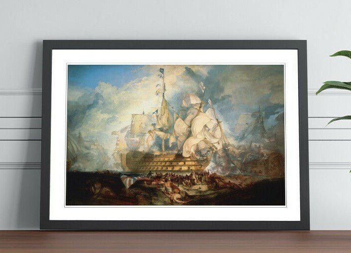 Turner Battle of Trafalgar Framed Art Print – Historic Naval Painting with Woodgrain Faux Frame
