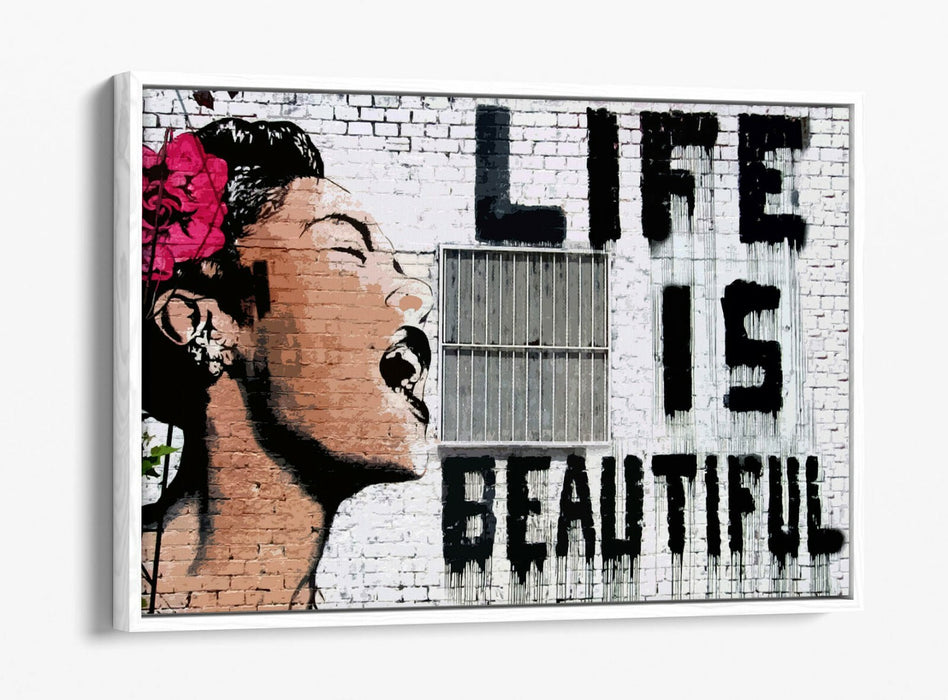BANKSY LIFE IS BEAUTIFUL -FLOAT EFFECT CANVAS WALL ART PIC PRINT- PINK BLACK