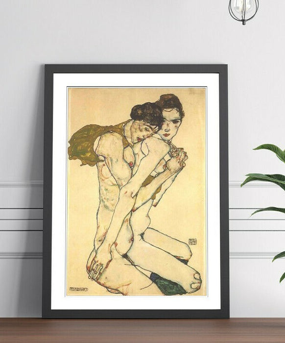 Framed Wall Art - Egon Schiele Friendship Art Print with Woodgrain Frame Design