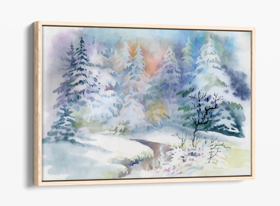 Canvas Wall Art Print – Watercolour Forest Winter Illustration With Float Effect Frame