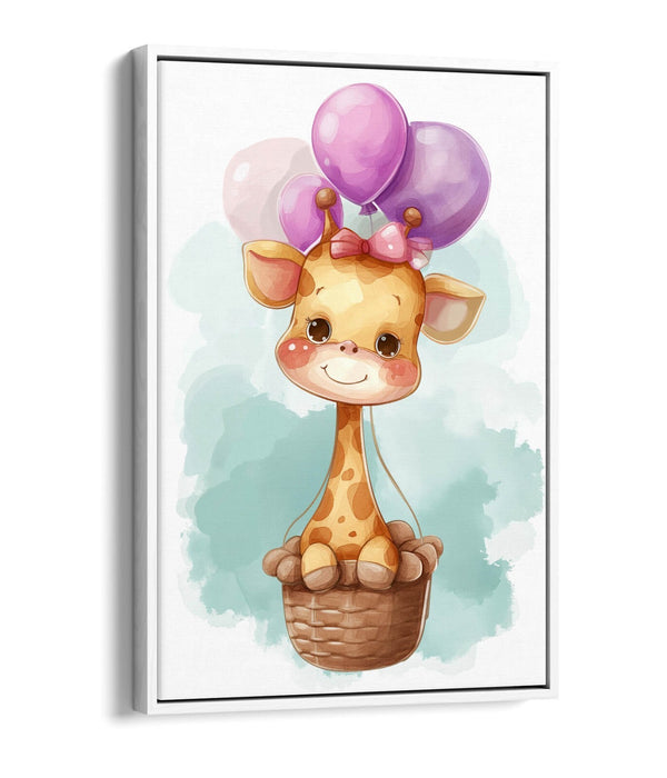 Giraffe Canvas Art – Cute Hot Air Balloon Kids Bedroom Decor | Float Effect Print