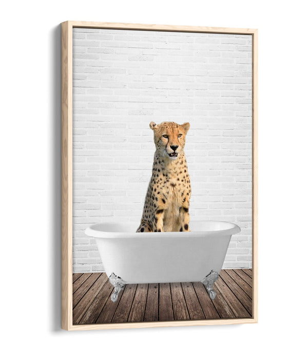 CHEETAH IN BATHTUB -QUIRKY BATHROOM FLOAT EFFECT CANVAS WALL ART PIC PRINT
