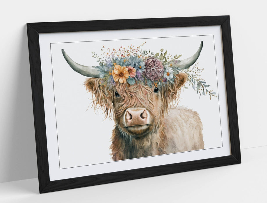 Highland Cow Wall Art – Framed Flower Crown Poster | Rustic Home Decor UK Handmade