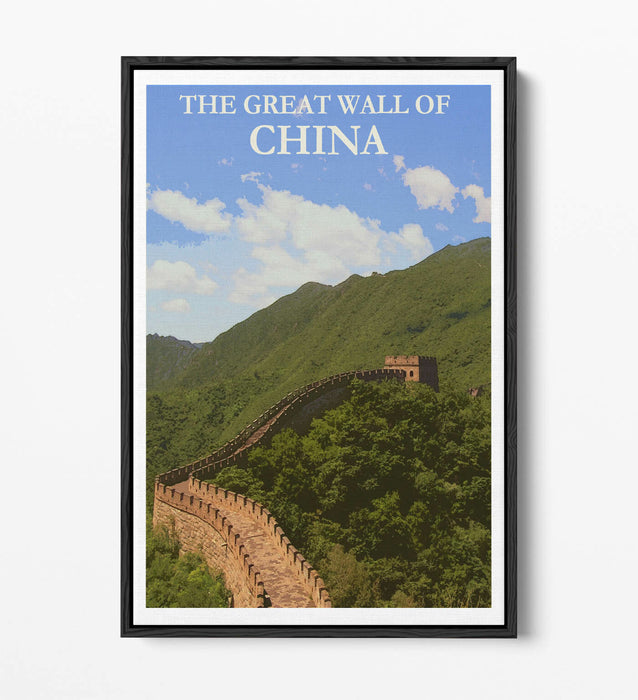 VINTAGE GREAT WALL OF CHINA TRAVEL POSTER -FLOAT EFFECT CANVAS ART PRINT- BLUE