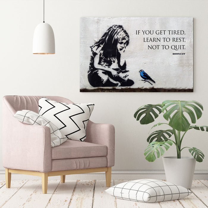 BANKSY GIRL BLUE BIRD QUOTE LEARN TO REST CANVAS WALL STREET ART PRINT GRAFFITI