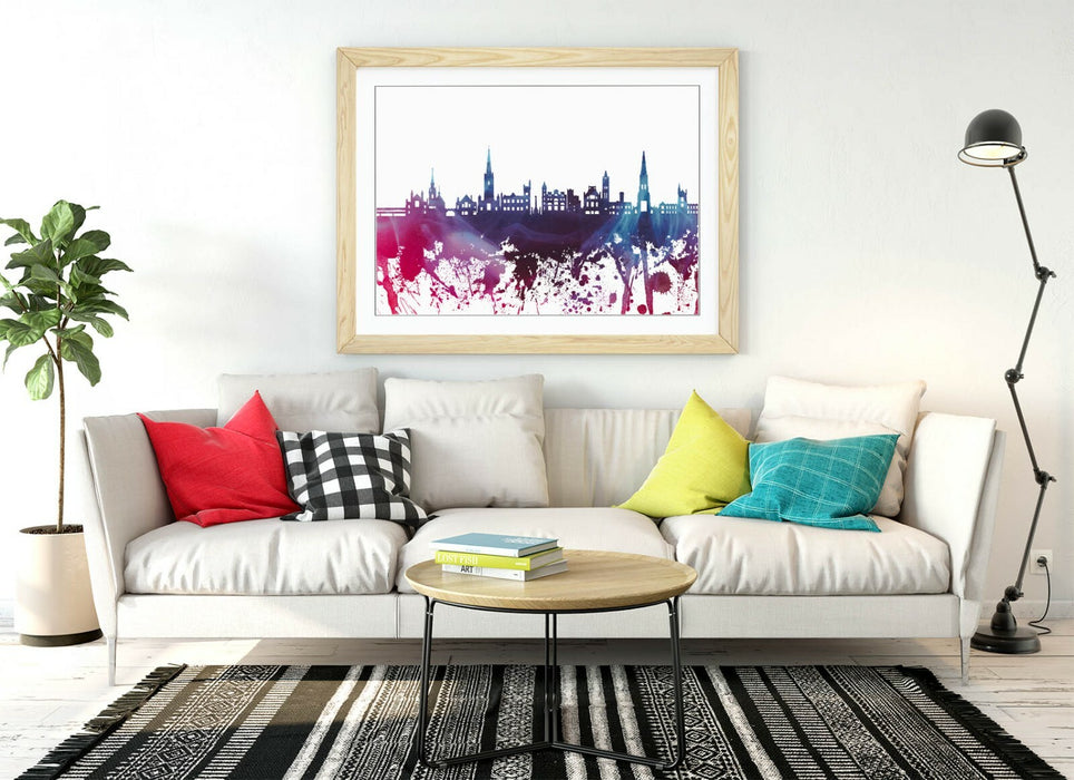 DERRY CITY SKYLINE PURPLE SPLASH ART -FRAMED WALL ART PICTURE PRINT POSTER