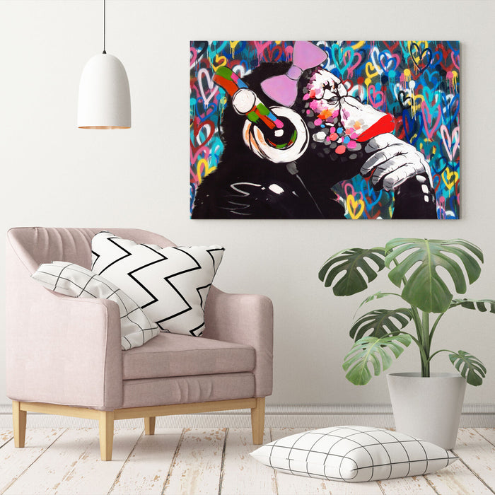MONKEY DJ BANKSY STYLE LOVE WALL CANVAS STREET WALL ART PRINT - FEMALE GORILLA