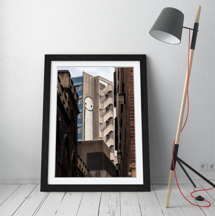 Framed Wall Art – Stick Man Poster Urban Street Art With Woodgrain Frame Finish