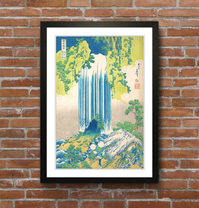 Hokusai Waterfall Art – Framed Japanese Art Print With Woodgrain Frame