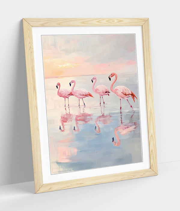 Pink Flamingo Wall Art – Framed Pastel Flamingo Print in Natural Wood Frame