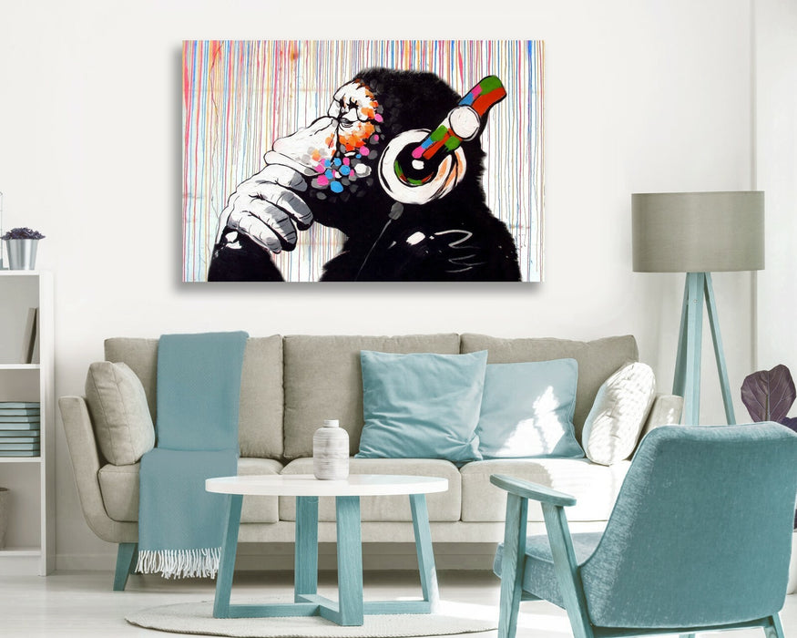 BANKSY  DJ MONKEY COLOURED RAIN CANVAS WALL ART PRINT PICTURE ARTWORK GORILLA