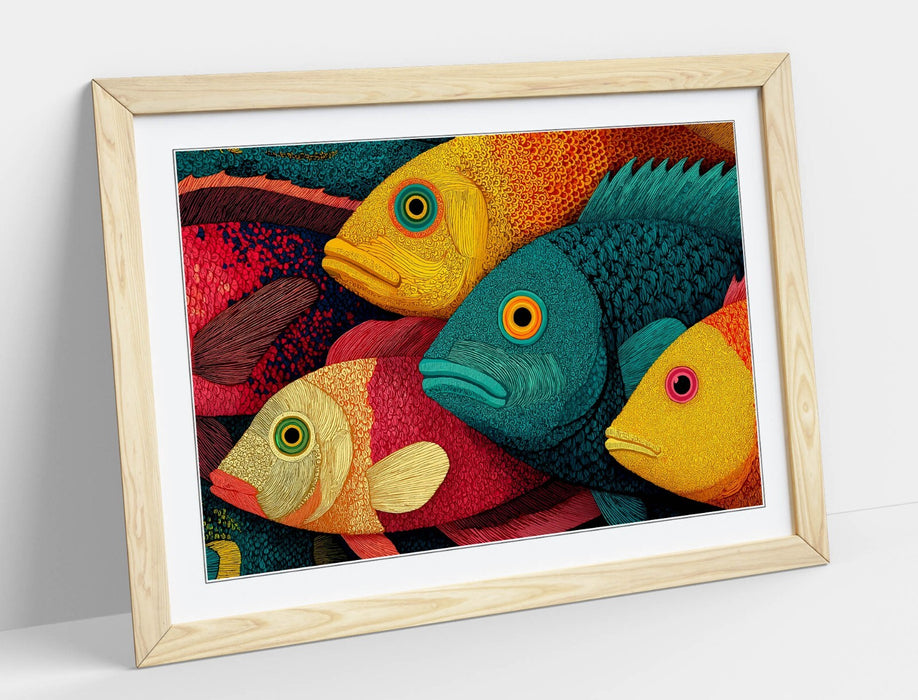 Framed Wall Art – Multi Color School Of Fish Print With Woodgrain Frame