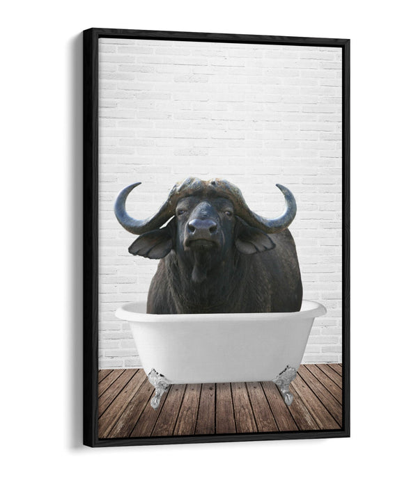 WATER BUFFALO IN BATHTUB -QUIRKY BATHROOM FLOAT EFFECT CANVAS WALL ART PRINT
