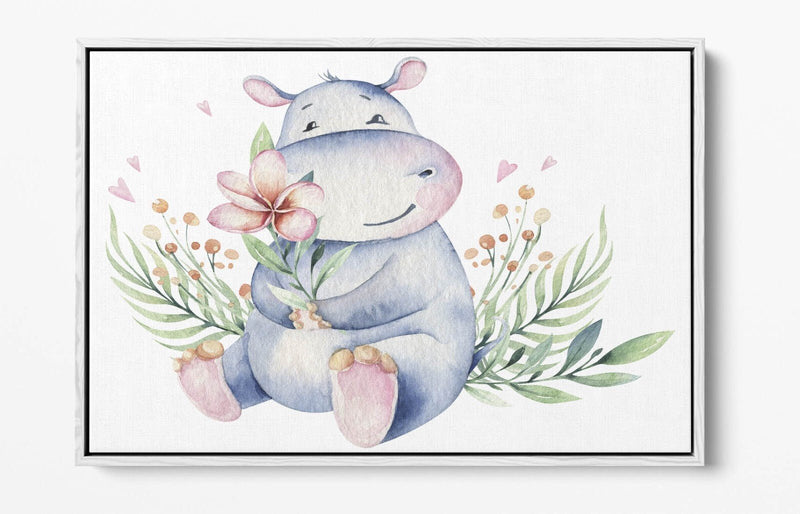 Watercolour Hippo Canvas - Cute Animal Print Floral Wall Art with Float Effect