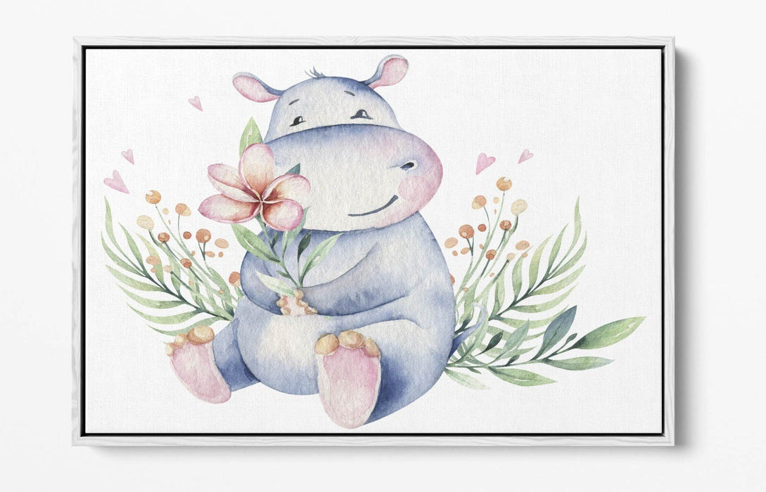 Watercolour Hippo Canvas - Cute Animal Print Floral Wall Art with Float Effect