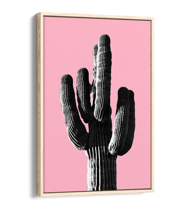 TRENDY B&W CACTUS POP ART PINK-FLOAT EFFECT CANVAS WALL ART PRINT