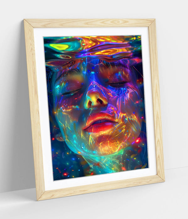 Underwater Woman Wall Art – Framed Multi Colour Portrait Poster Print with Woodgrain Frame