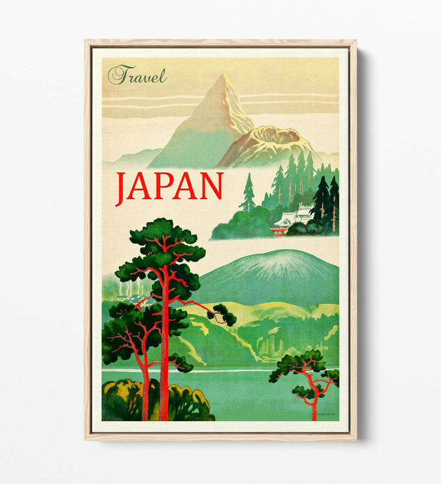 RETRO VINTAGE JAPAN TRAVEL POSTER -FLOAT EFFECT CANVAS ART PRINT- RED