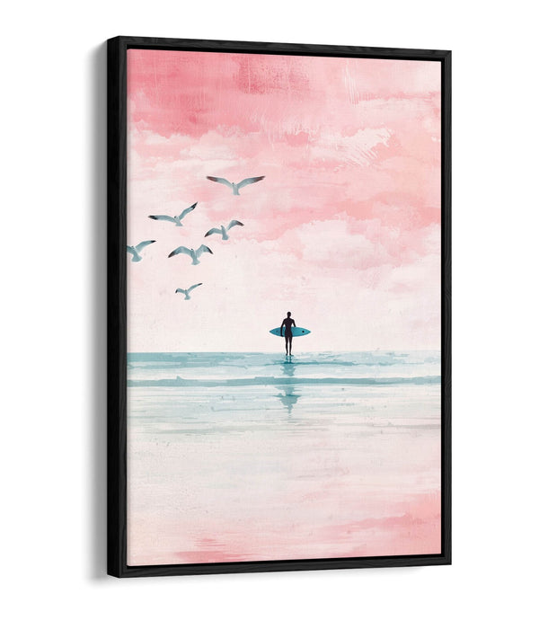 Canvas Wall Art – Minimalist Silhouette Surfer Pink Beach Float Effect Print