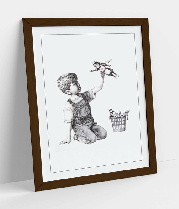 BANKSY SUPER HERO NURSE -ART FRAMED POSTER PICTURE PRINT ARTWORK- GREY