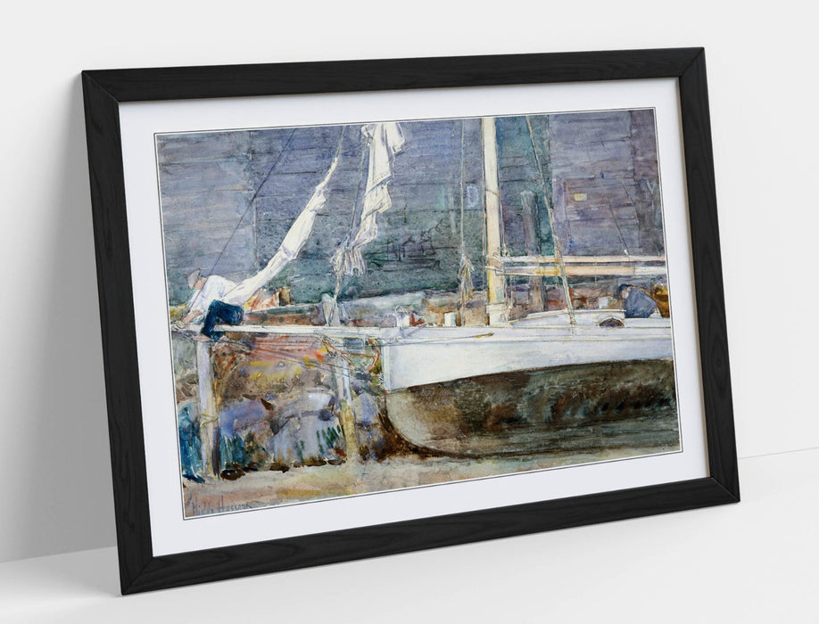 Framed Wall Art - Childe Hassam Drydock Gloucester Print | Handmade Wood Grain Frame