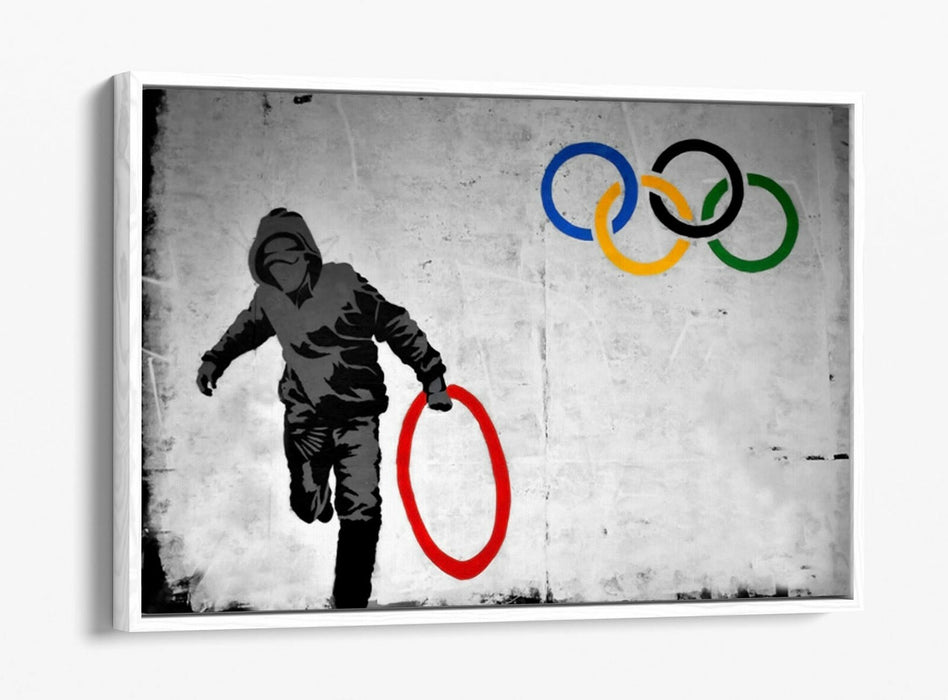 BANKSY OLYMPIC RINGS -FLOAT EFFECT CANVAS WALL ART PIC PRINT- RED YELLOW BLUE