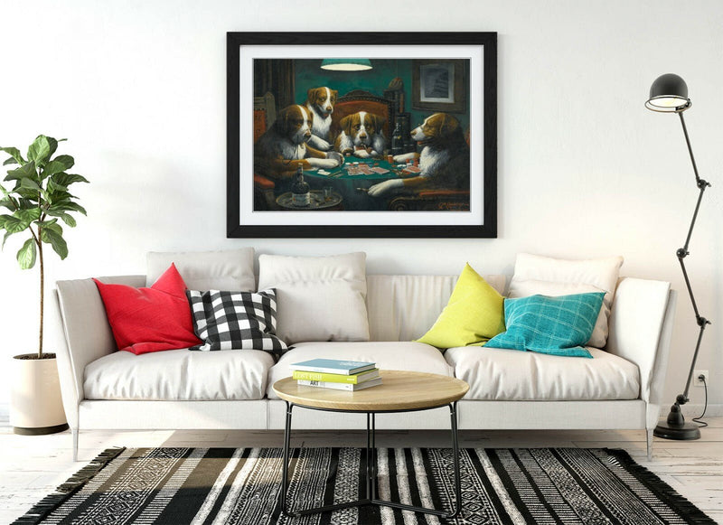 Dogs Playing Cards Art – Framed Poster Print With Wood Grain Frame & Matte Paper