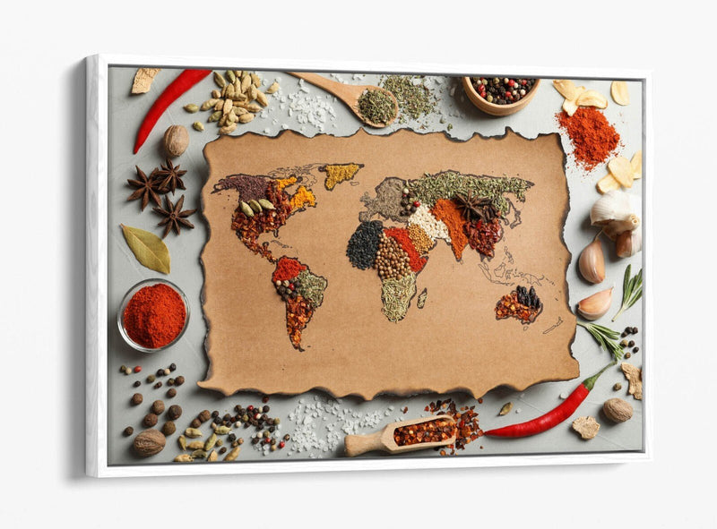 Canvas Wall Art – Spices Kitchen Art With Herbs World Map | Float Effect Print