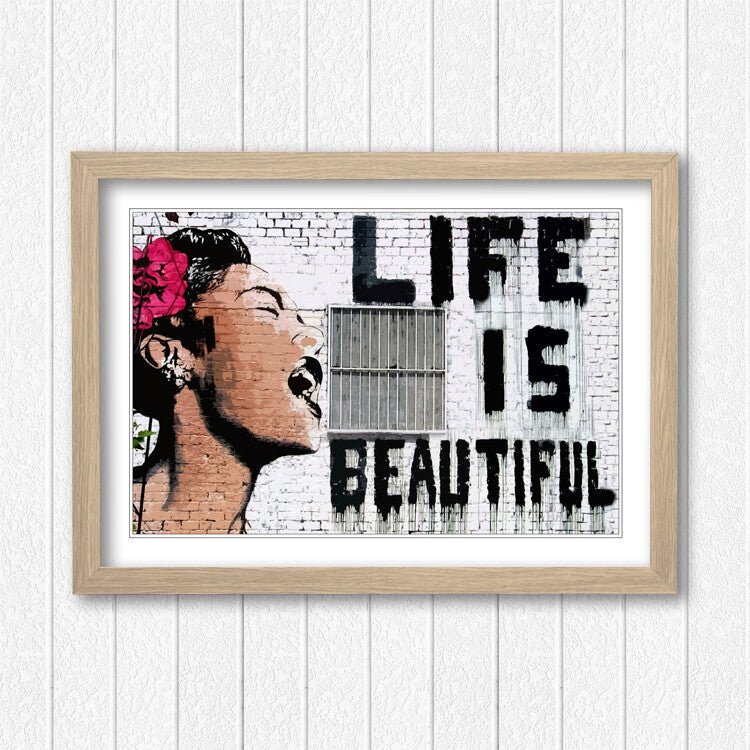Banksy Framed Poster - Life Is Beautiful Print, Handmade UK Art, Wood Grain Frame