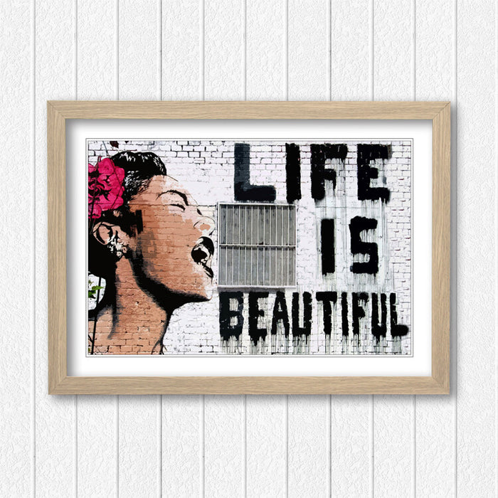 Banksy Framed Poster - Life Is Beautiful Print, Handmade UK Art, Wood Grain Frame