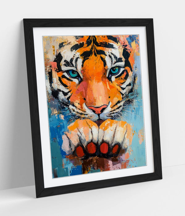 Tiger Wall Art – Cute Framed Tiger Poster Print With Paw Artwork, Oil Paint Style