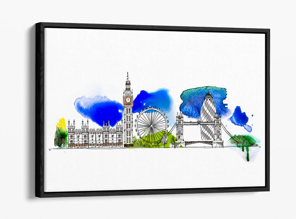 Canvas Wall Art – London Cityscape Watercolour Float Effect on MDF Frame