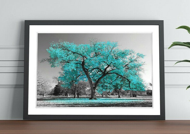 Turquoise Tree Wall Art - Large Framed Picture Print with Teal Leaves Poster