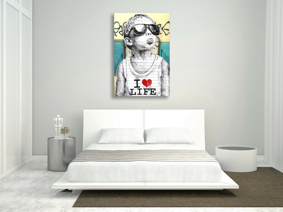 BANKSY I LOVE LIFE BOY CANVAS STREET WALL ART PRINT ARTWORK YELLOW TEAL