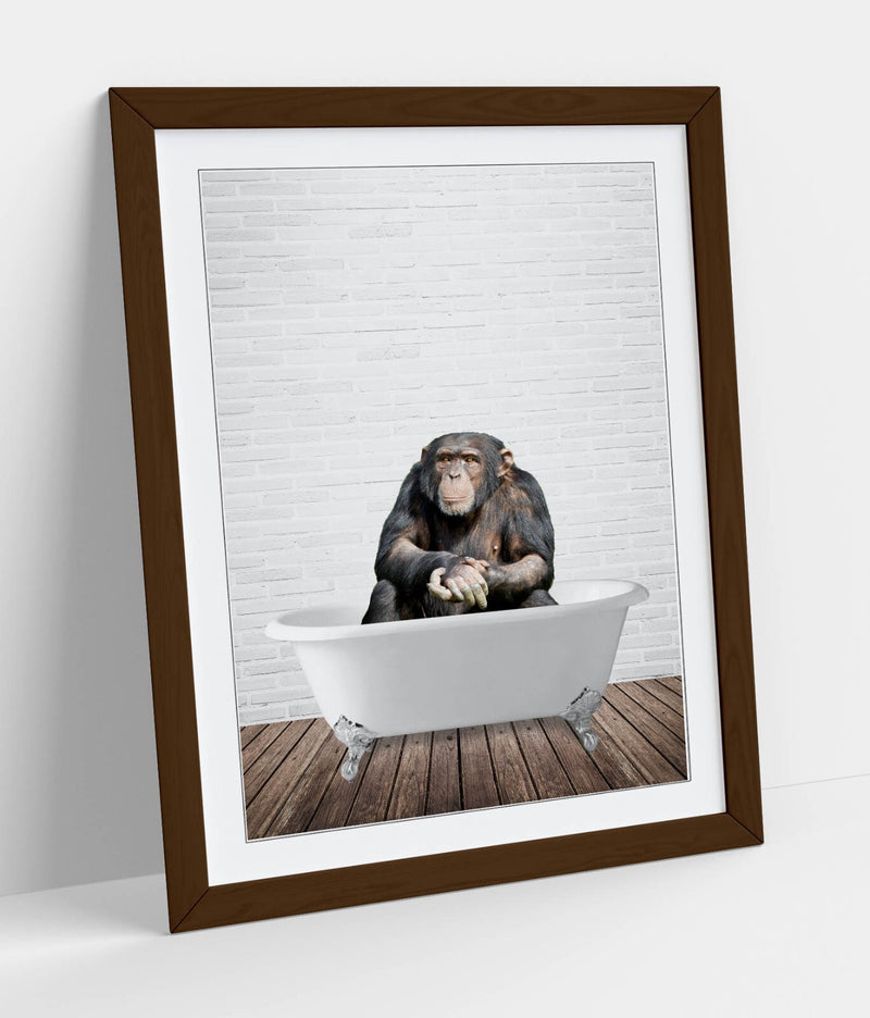 Quirky Framed Poster - Chimpanzee Bathtub Decor | Handmade UK Artwork