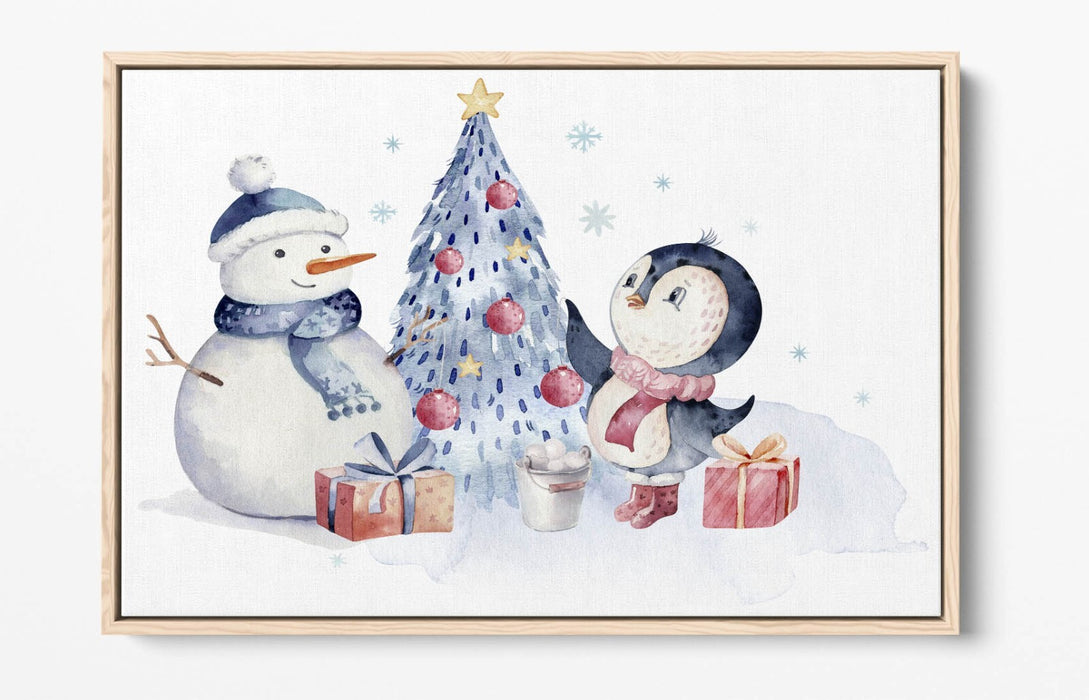 Christmas Canvas Wall Art – Watercolour Penguin & Snowman Float Effect Print