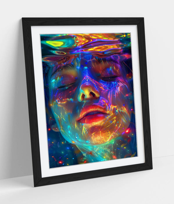 Underwater Woman Wall Art – Framed Multi Colour Portrait Poster Print with Woodgrain Frame