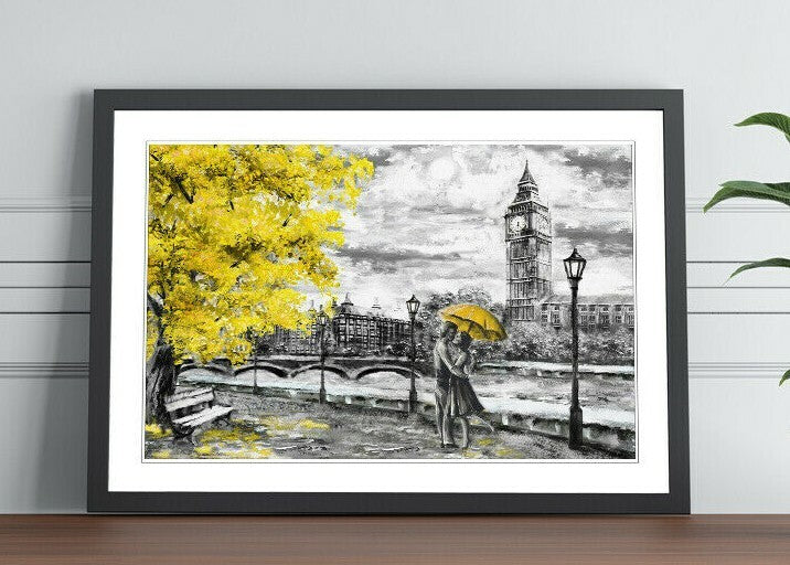London Big Ben Grey Yellow Umbrella Wall Art Picture Framed Poster Print 4 sizes