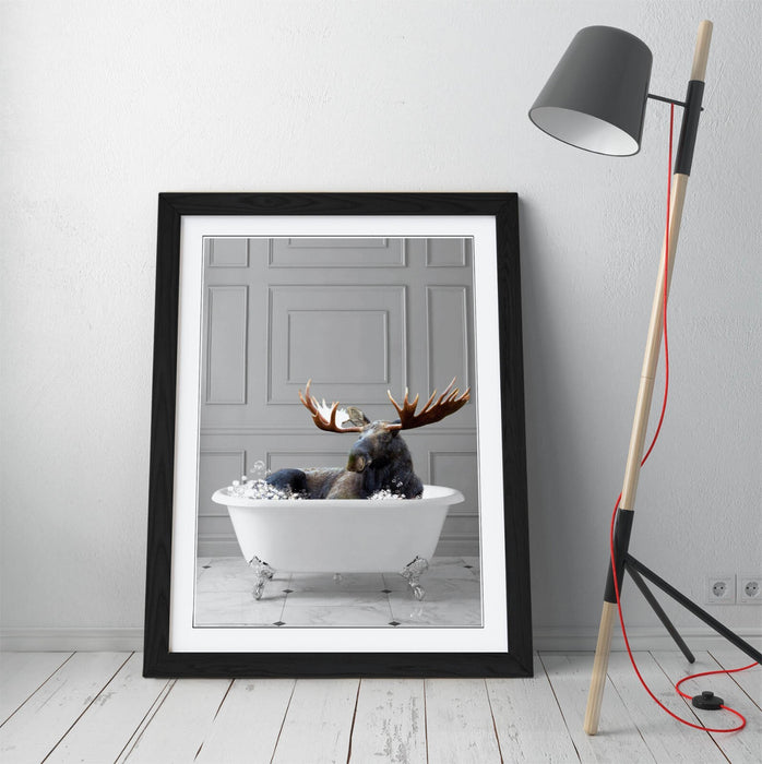 MOOSE IN BATHTUB -QUIRKY ART FRAMED POSTER PICTURE PRINT BATHROOM ARTWORK
