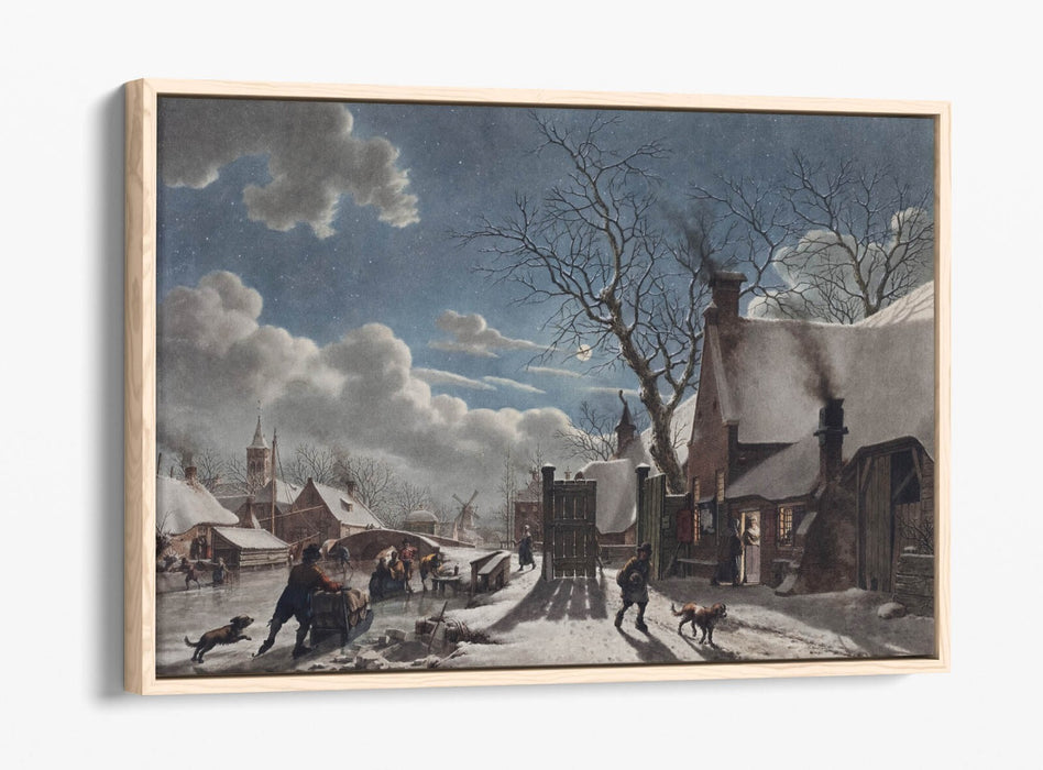 Canvas Wall Art - Winter Night Dutch Town Painting | Float Effect Canvas Print