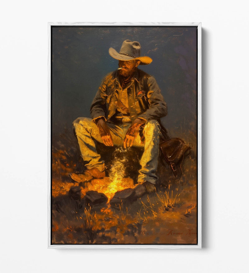 Canvas Art Print – Western Cowboy Campfire Scene With Premium Float Frame